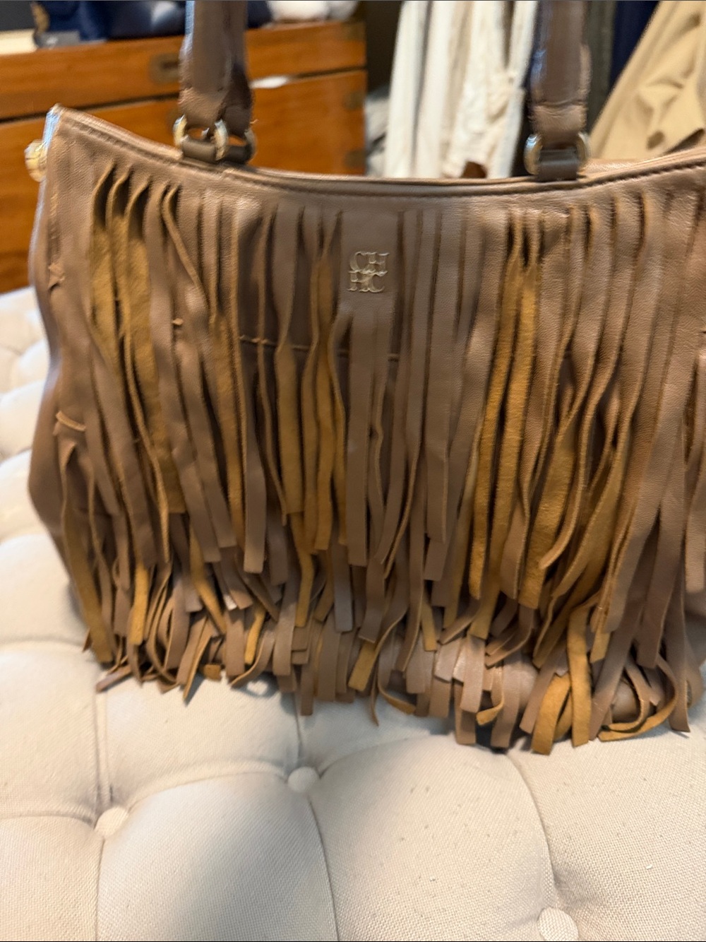 Carolina Herrera Tan Fringe Leather Shoulder Bag